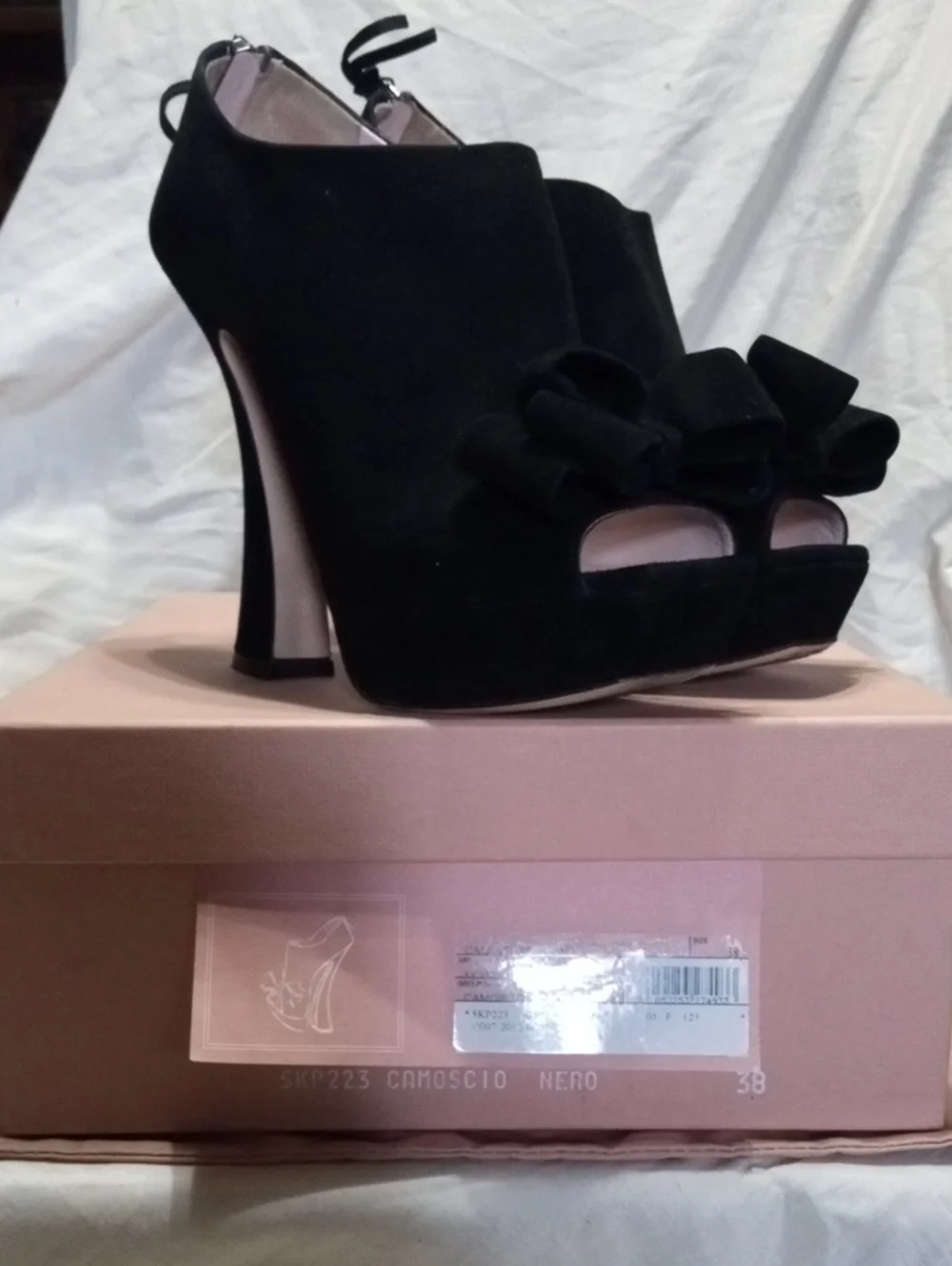 Miu Miu Black Suede Peep-Toe High Heel Booties with Bow Accent